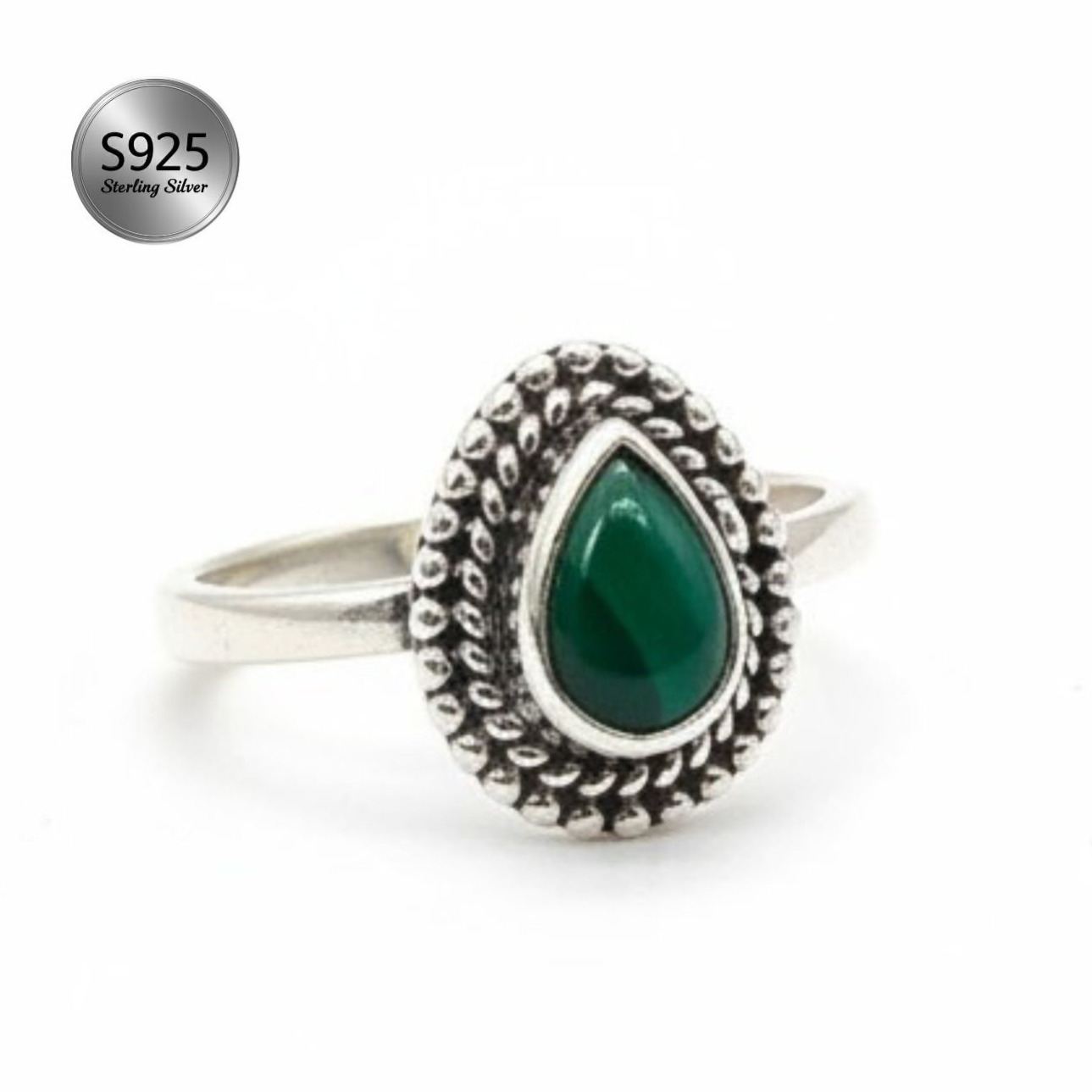 Women's Natural 925 Sterling Silver Pear Shape Gemstone Vintage Boho Teardrop Ring